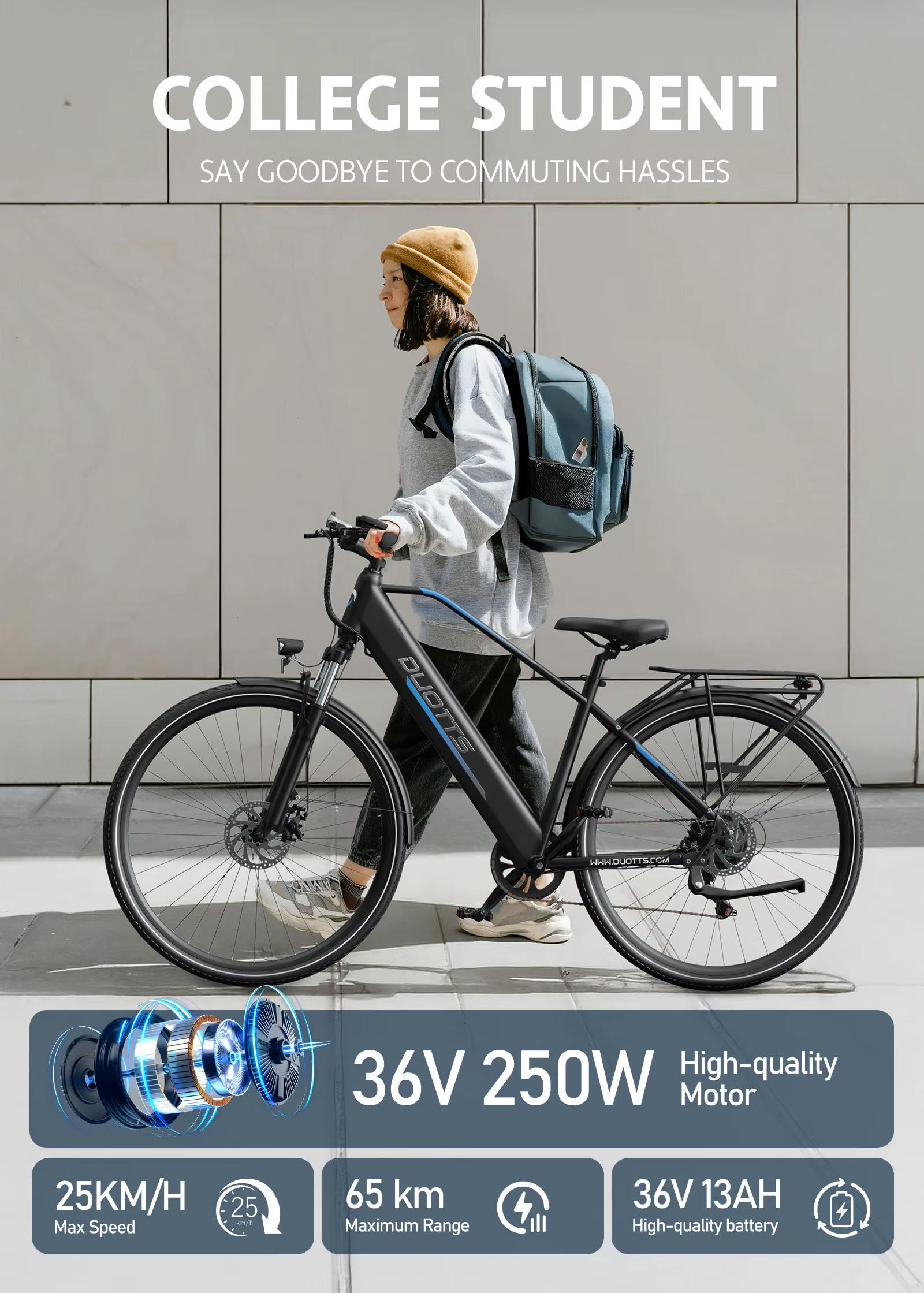 Bicicleta Eléctrica DUOTTS C29 Lite 250W Cumple Normativa UE 36V 13Ah Largo Alcance Ruedas Finas 27.5" 700C*42C Viajes Urbanos