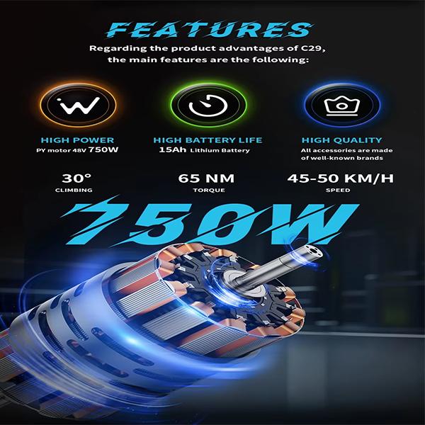 Bicicleta Eléctrica DUOTTS C29 para Adultos Motor 750W Batería 48V15AH Control App DUOTTS Rueda 29 Pulgadas 21 Velocidades