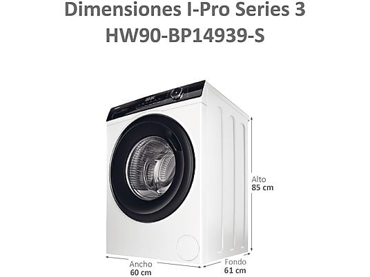 Lavadora carga frontal – Haier I-Pro Series 3 HW90-BP14939-S, 9kg, 1400rpm, Motor Inverter, Vapor, Antibacterias, Blanco