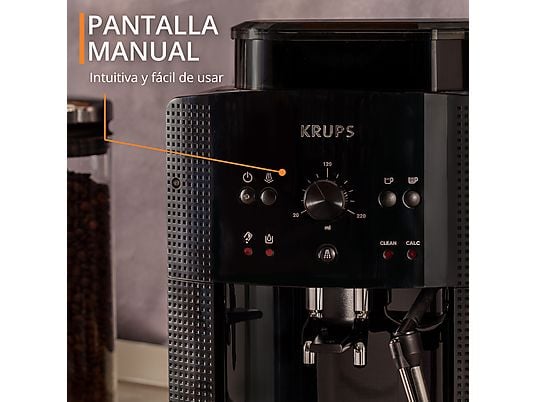 Cafetera superautomática – Krups Roma EA81K870, 1450 W, 15 bar, 1.7 L, 3 temperaturas, 2 tazas, Sistema Thermoblock, Kit de limpieza incluido, Negro