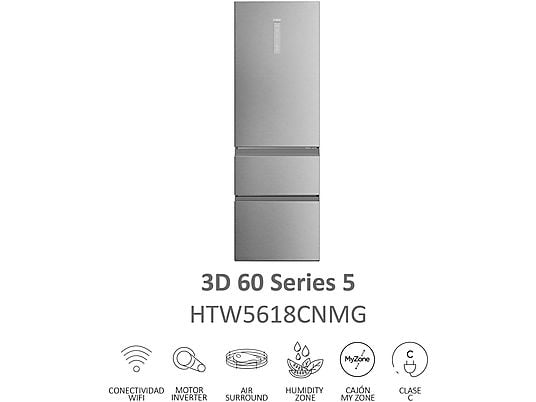 Frigorífico combi – Haier 3D 60 Series 5 HTW 5618CNMG, No Frost, 185 cm, 360 l, Motor Inverter, Wi-fi, Plata