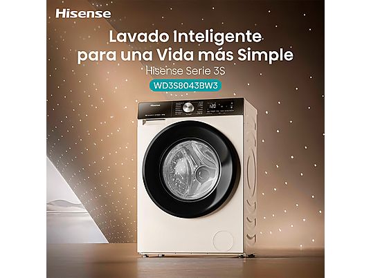 Lavadora secadora – Hisense WD3S8043BW3, 8 kg/5 kg, 1400 rpm, 16 programas. Clase A-30%, WiFi, Blanco