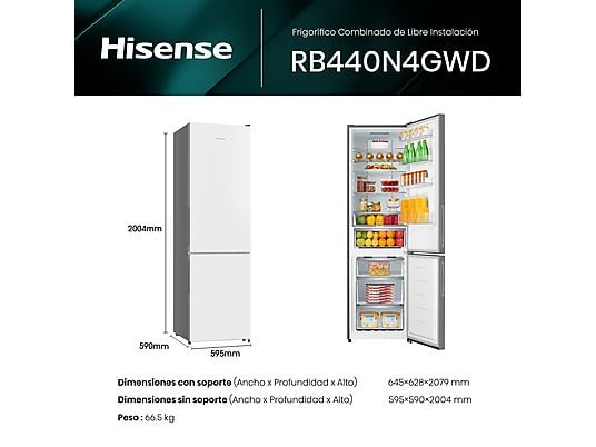 Frigorífico combi – Hisense RB440N4GWD, No Frost, 200.4 cm, 336 l, Multi Airflow, Cristal Blanco