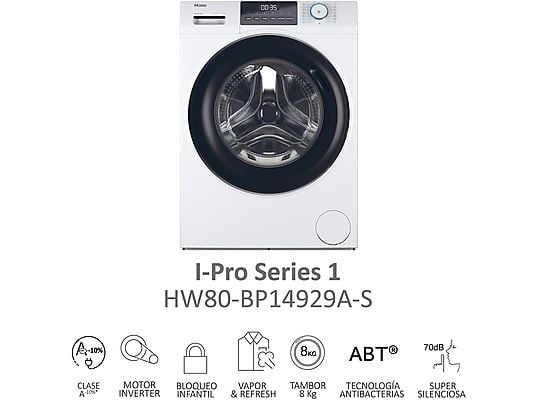 Lavadora carga frontal – Haier I-Pro Series 1 HW80-BP14929A-S, 8 kg, 1400 rpm, Motor Inverter, Función Vapor, Antibacterias, Blanco