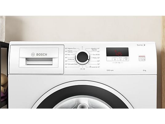 Lavadora carga frontal – Bosch WGE03200ES,Serie 2, 8 kg, 1.200 rpm, 13 programas, Higiene Plus, Motor EcoSilence, Blanco
