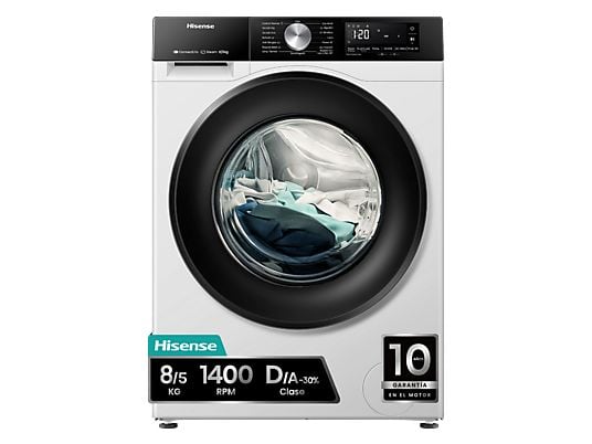 Lavadora secadora – Hisense WD3S8043BW3, 8 kg/5 kg, 1400 rpm, 16 programas. Clase A-30%, WiFi, Blanco
