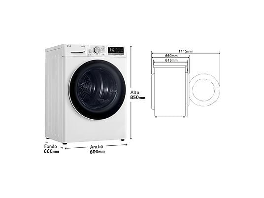 Secadora bomba de calor – LG RH80V9AV4N, 8 kg, 14 programas, Dual Inverter Compressor™, Eco Hybrid™, Display Gran LED, Blanco