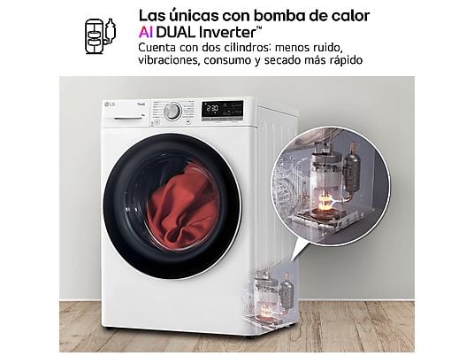 Secadora bomba de calor – LG RH80V9AV4N, 8 kg, 14 programas, Dual Inverter Compressor™, Eco Hybrid™, Display Gran LED, Blanco