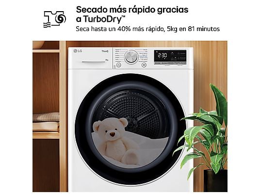 Secadora bomba de calor – LG RH80V9AV4N, 8 kg, 14 programas, Dual Inverter Compressor™, Eco Hybrid™, Display Gran LED, Blanco