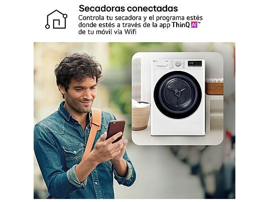 Secadora bomba de calor – LG RH80V9AV4N, 8 kg, 14 programas, Dual Inverter Compressor™, Eco Hybrid™, Display Gran LED, Blanco