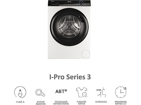 Lavadora carga frontal – Haier I-Pro Series 3 HW90-BP14939-S, 9kg, 1400rpm, Motor Inverter, Vapor, Antibacterias, Blanco
