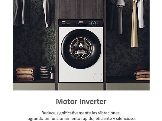 Lavadora carga frontal – Haier I-Pro Series 3 HW90-BP14939-S, 9kg, 1400rpm, Motor Inverter, Vapor, Antibacterias, Blanco