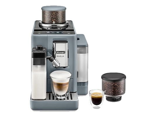 Cafetera superautomática – De’Longhi Rivelia EXAM440.55.G, 1450W, 19 bar, Molinillo integrado, LatteCremaHot, Depósito leche, Táctil, 16 recetas, Gris